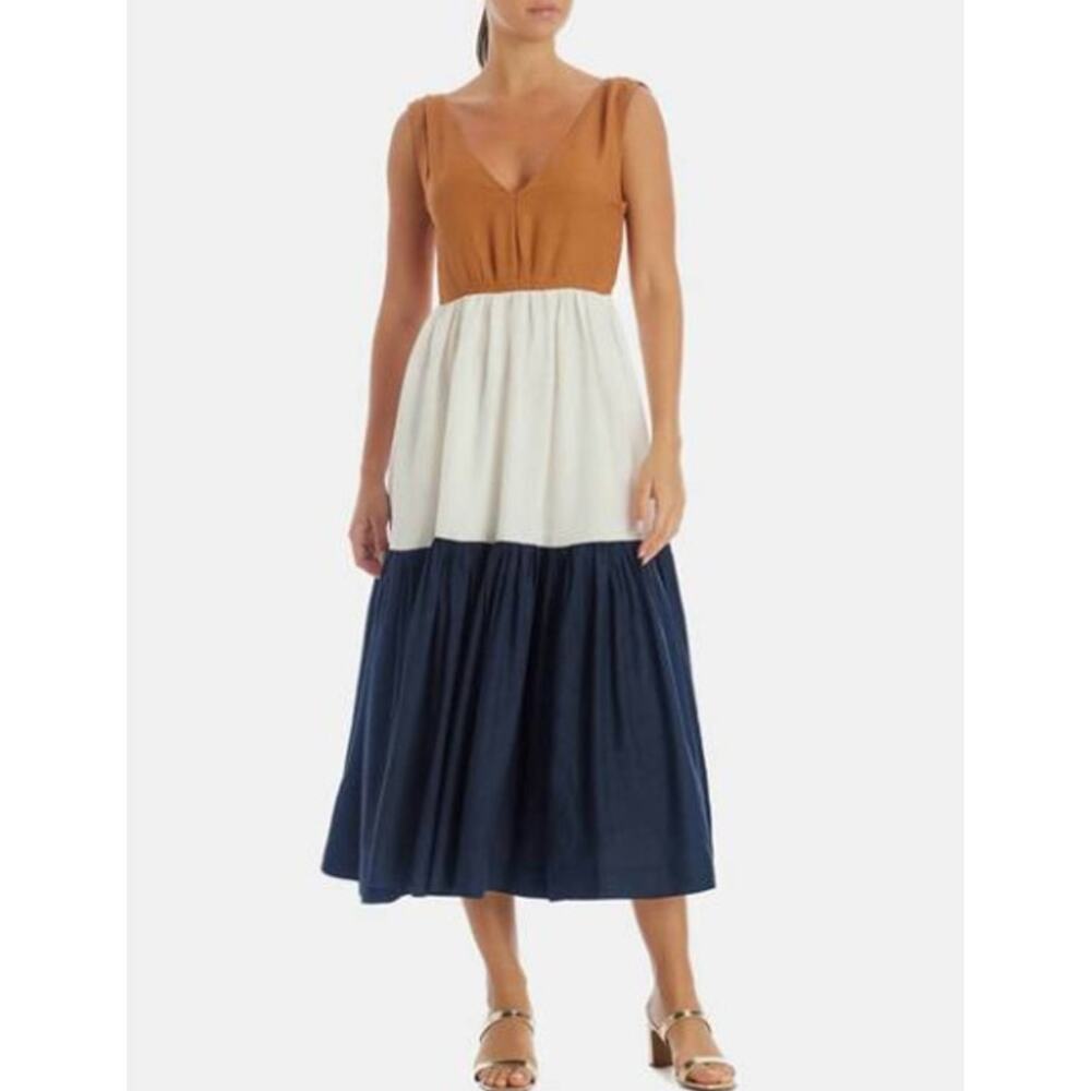 En Saison Plamero Colorblock Sleeveless Midi Dress‎ in Navy/Tan/Cream - Picture 2 of 12